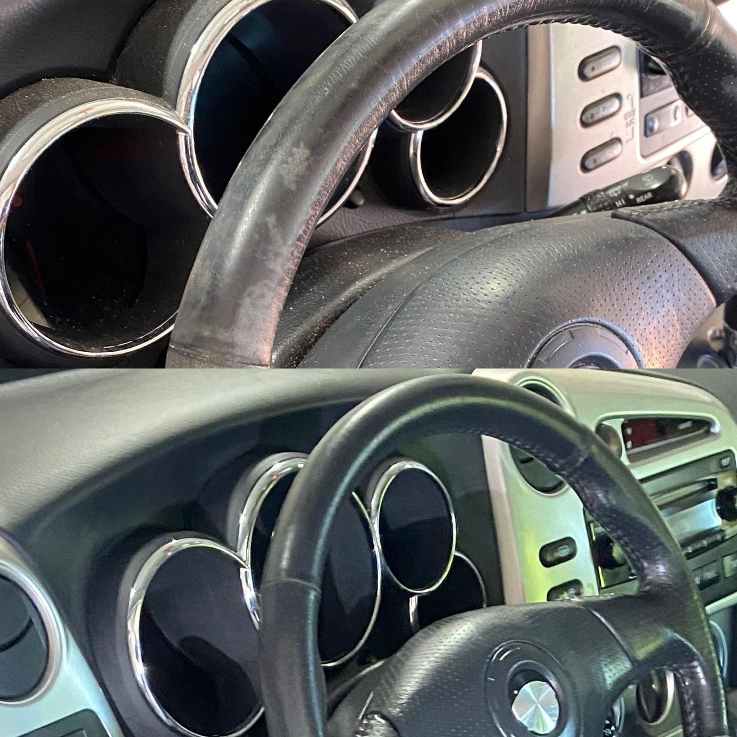 Comparison of a car's dirty and cleaned steering wheel and dashboard; before and after cleaning.
