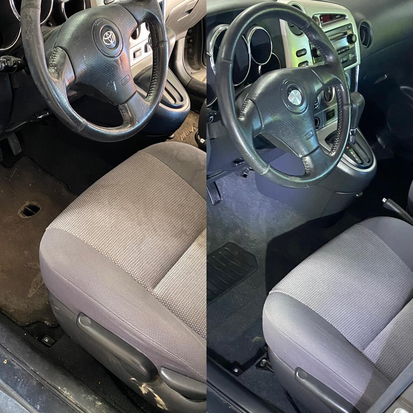 Before-and-after of a car interior cleaning. The right side is clean with a dark steering wheel and gray seats.