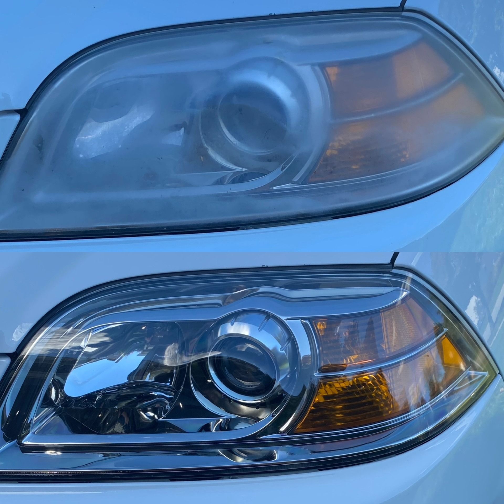 Car headlight before and after cleaning. The top is hazy, the bottom is clear and reflective.