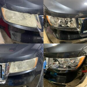 Before and after photos showing hazy and clear car headlights.