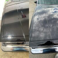 Comparison of a car hood before and after detailing. The after result is shiny and reflective.