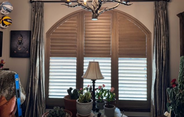 A large arched window covered with wooden plantation shutters, flanked by floor-length grey drapes and indoor plants.