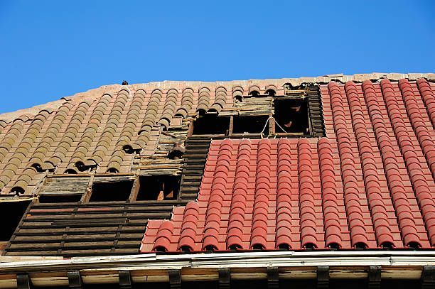 A roof with a hole in it and a blue sky in the background.