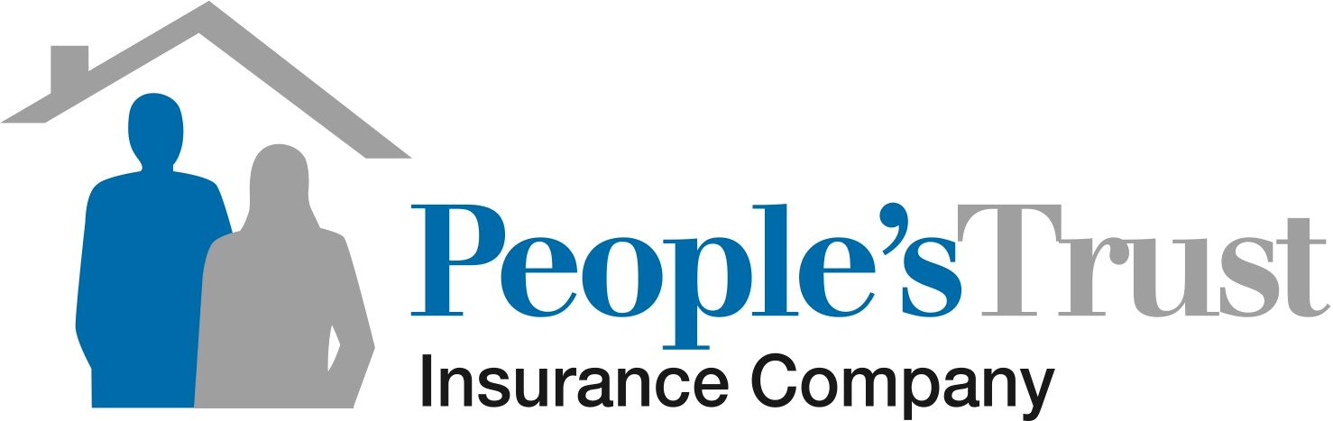 The logo for people 's trust insurance company shows a man and a woman standing under a house.