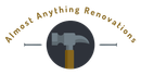 Logo for Almost Anything Renovations: Hammer inside dark circle, gold arched text above, nails on each side.