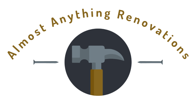 Logo for Almost Anything Renovations: Hammer inside dark circle, gold arched text above, nails on each side.