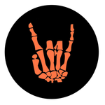 A black circle with an orange skeleton hand making a horns sign