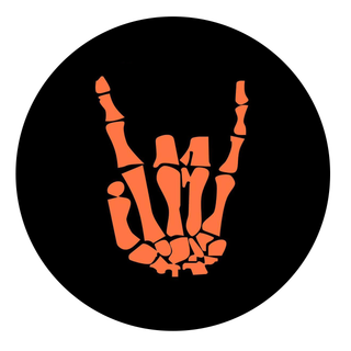 A black circle with an orange skeleton hand making a horns sign