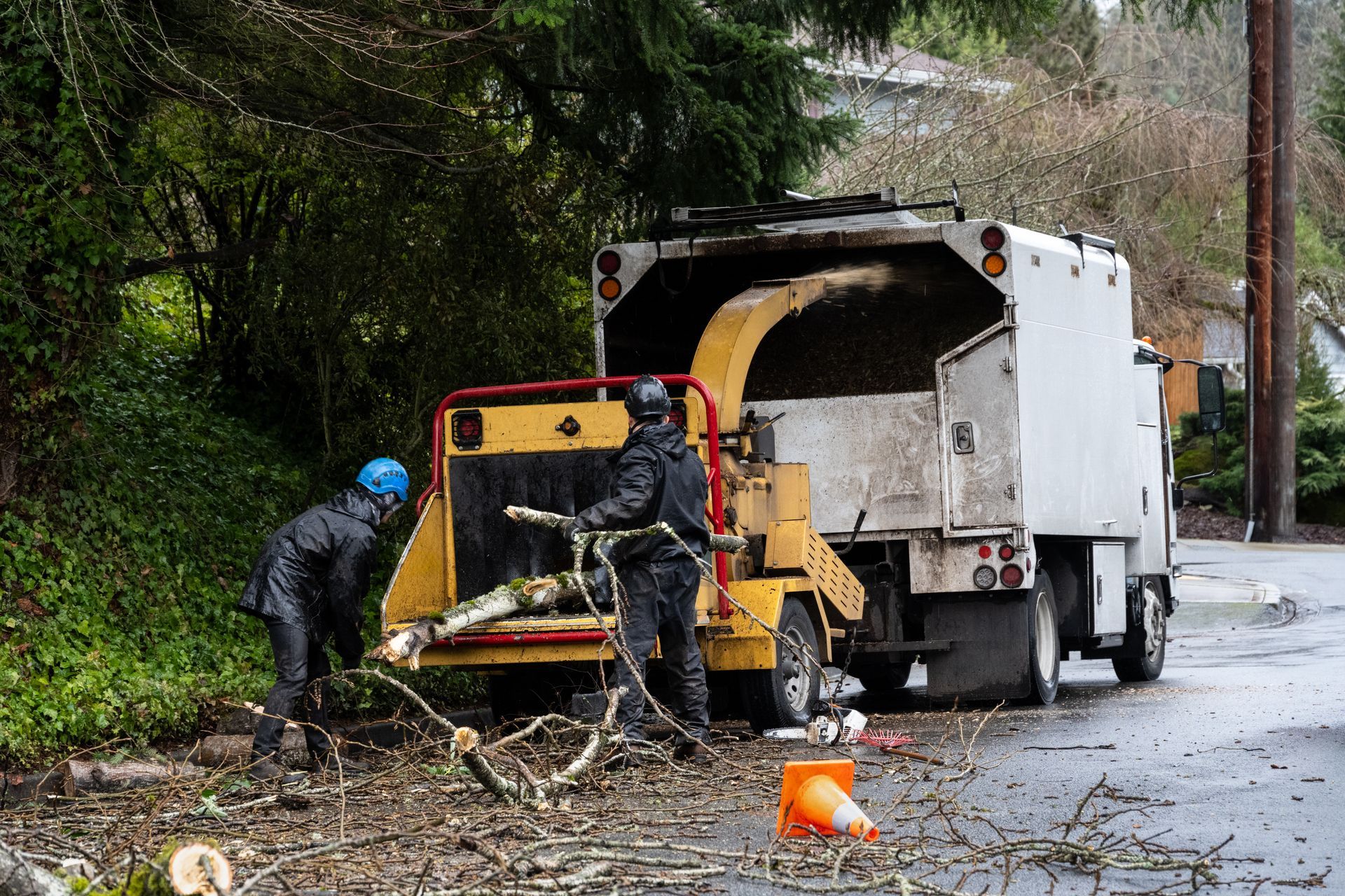 Two workers in safety gear feed tree branches into a yellow industrial wood chipper attached to a truck on a paved road.