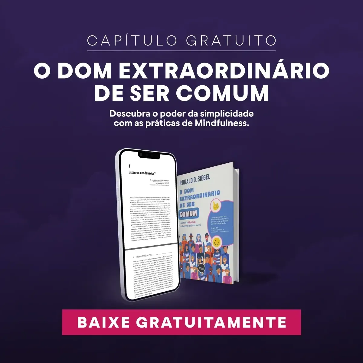 Um telefone e um livro estão em um fundo roxo.