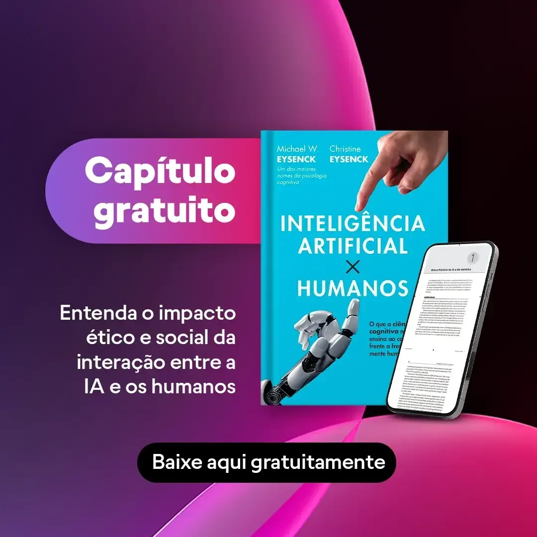 Promotion for a free chapter on the interaction between AI and humans, with a book and phone on a gradient background.