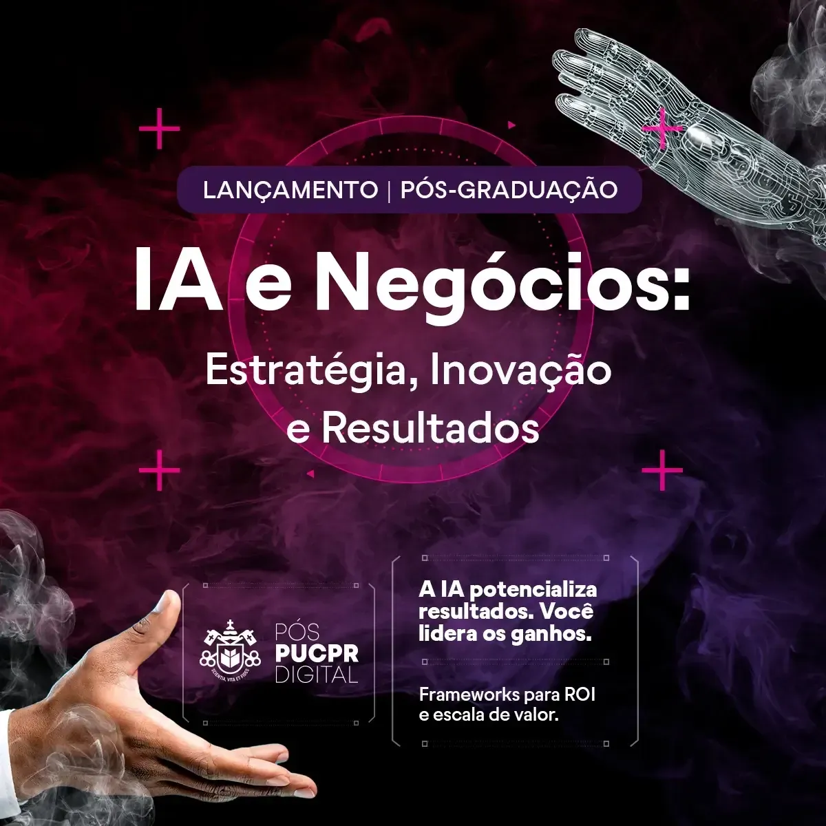 A mão de um homem está estendida em direção a um círculo roxo com as palavras ia e negócios.