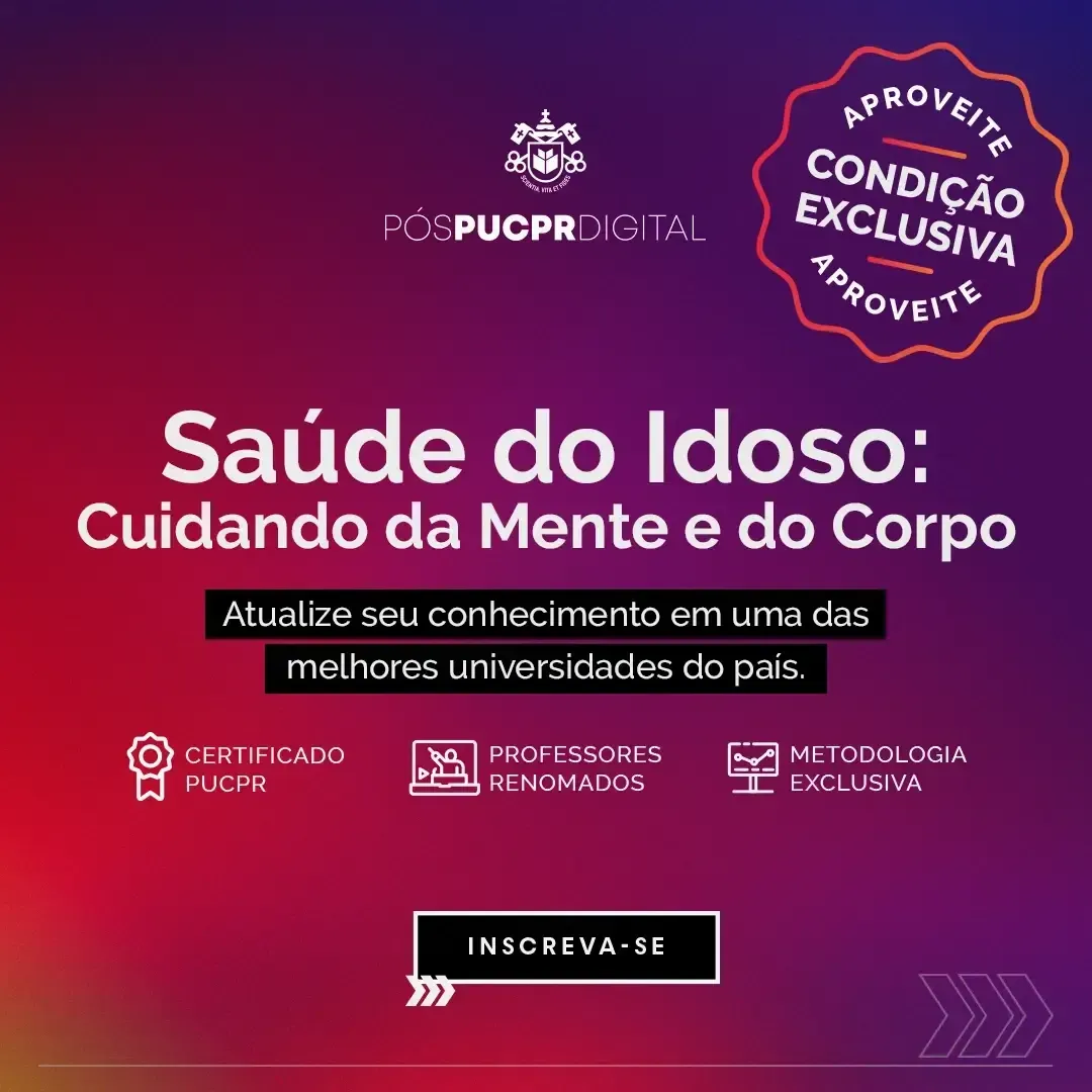 A poster that says ' saúde do idoso : cuidando da mente e do corpo ' on it