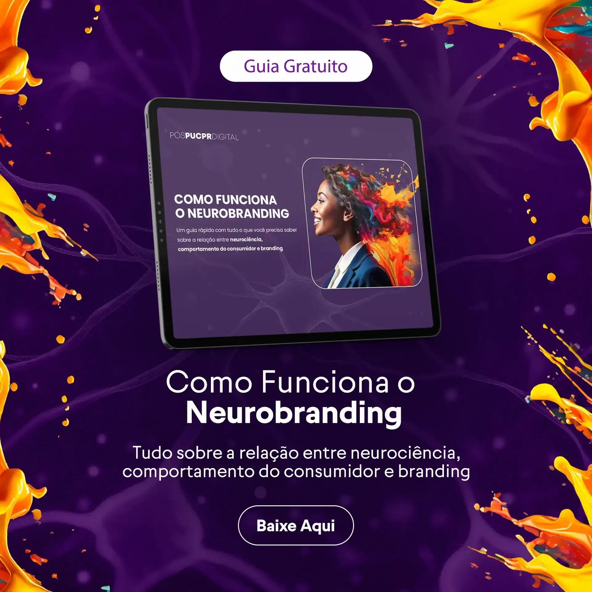 Um tablet com fundo roxo que diz como funciona o neurobranding
