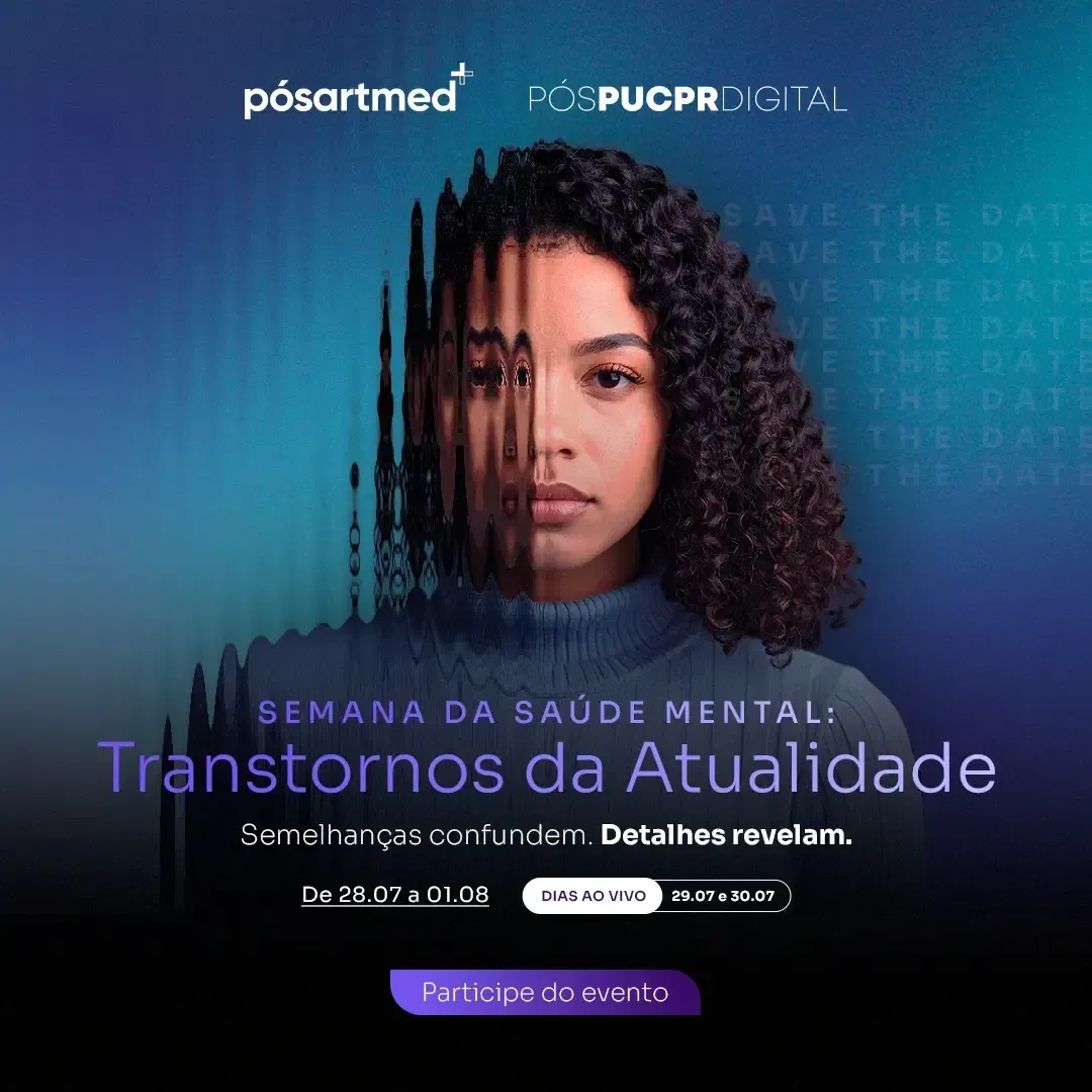 A woman with curly hair is on a poster for semana da saúde mental