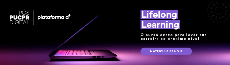 Um laptop está sobre uma superfície roxa ao lado de uma placa que diz aprendizagem ao longo da vida.