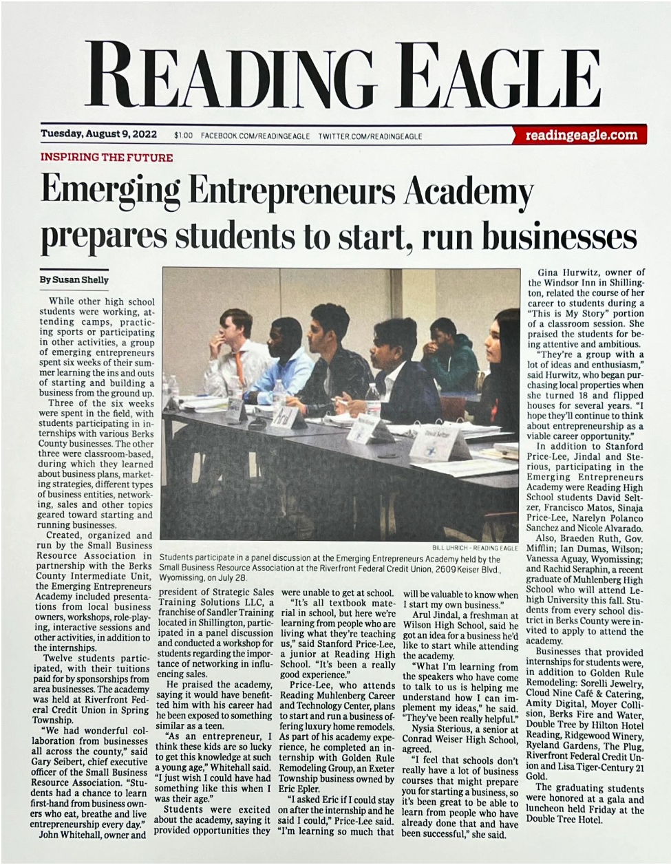 Reading Eagle 2022 Article on the Emerging Entrepreneurs Academy in Berks County, PA