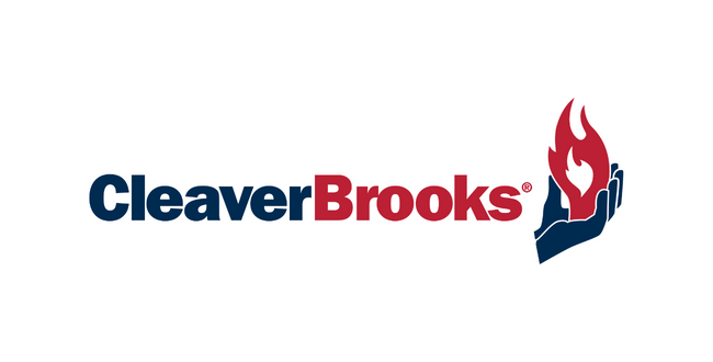 The Cleaver-Brooks logo features the company name in dark blue and red text next to an icon of a hand holding a flame.