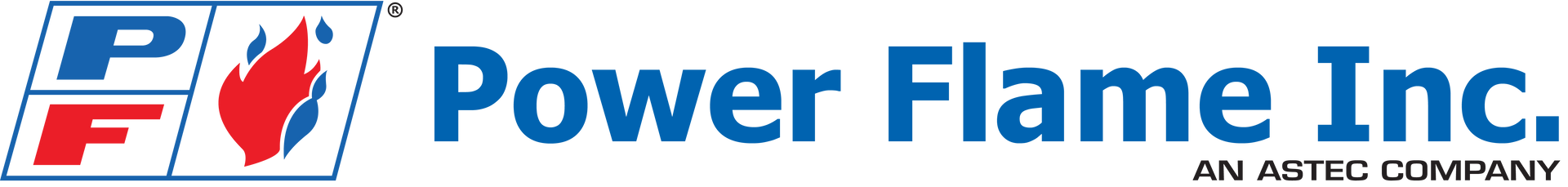 Logo for Power Flame Inc. featuring a blue and red flame icon next to the company name in blue text.