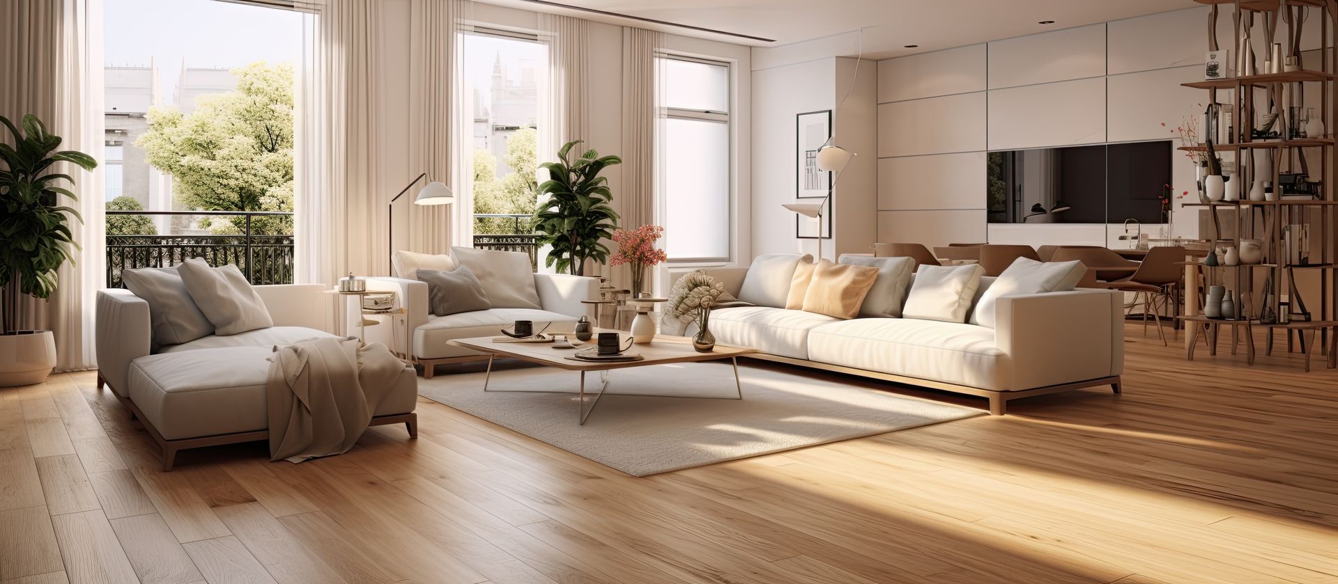 Bright living room with white furniture, wooden floors, and large windows.