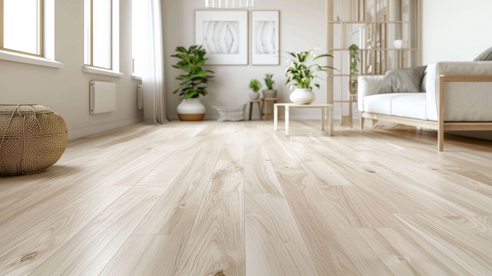 Light wood floor in a bright, modern living room with plants, a sofa, and decorative art.