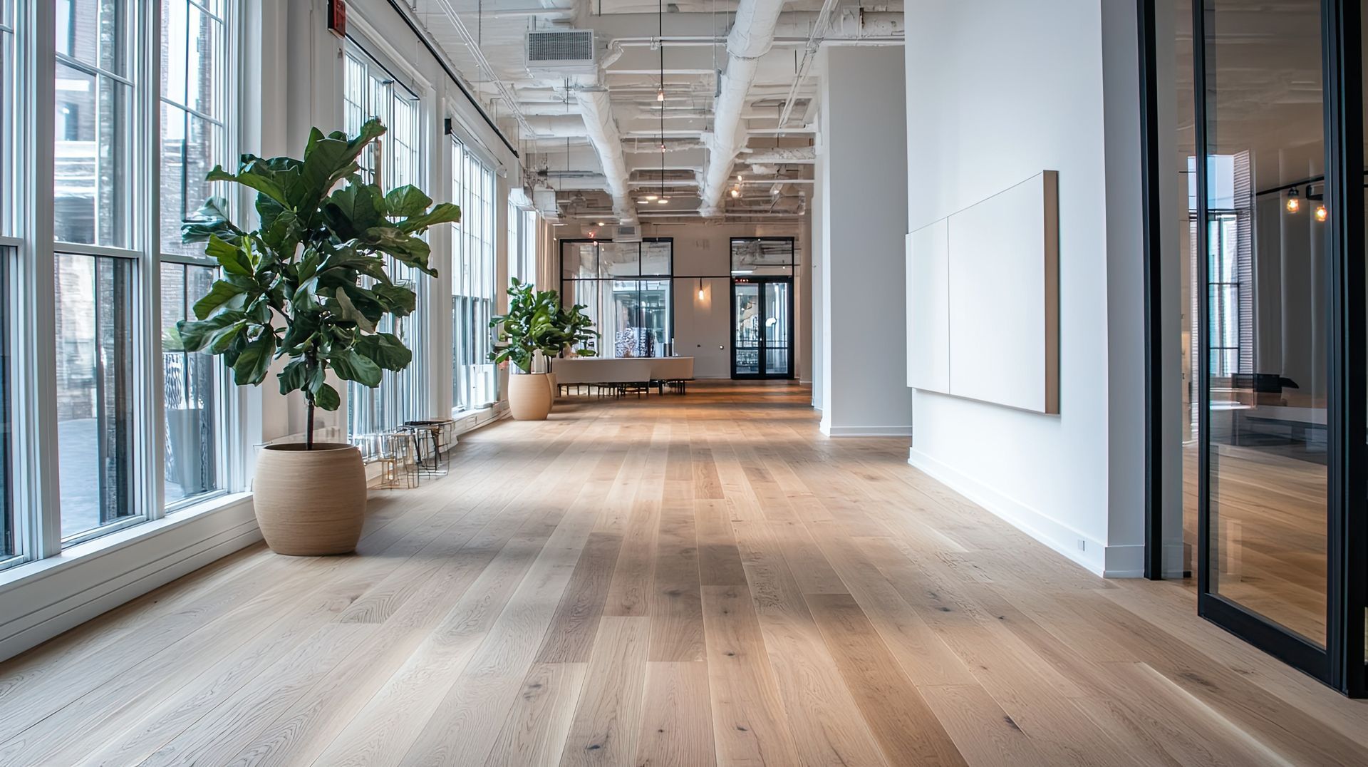 Bright, modern interior with hardwood floors, large windows, and potted plants.