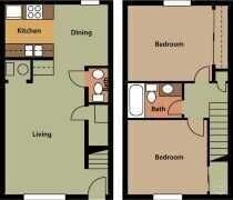 Floor plan of a two-story townhouse with kitchen, living, dining, and two bedrooms.