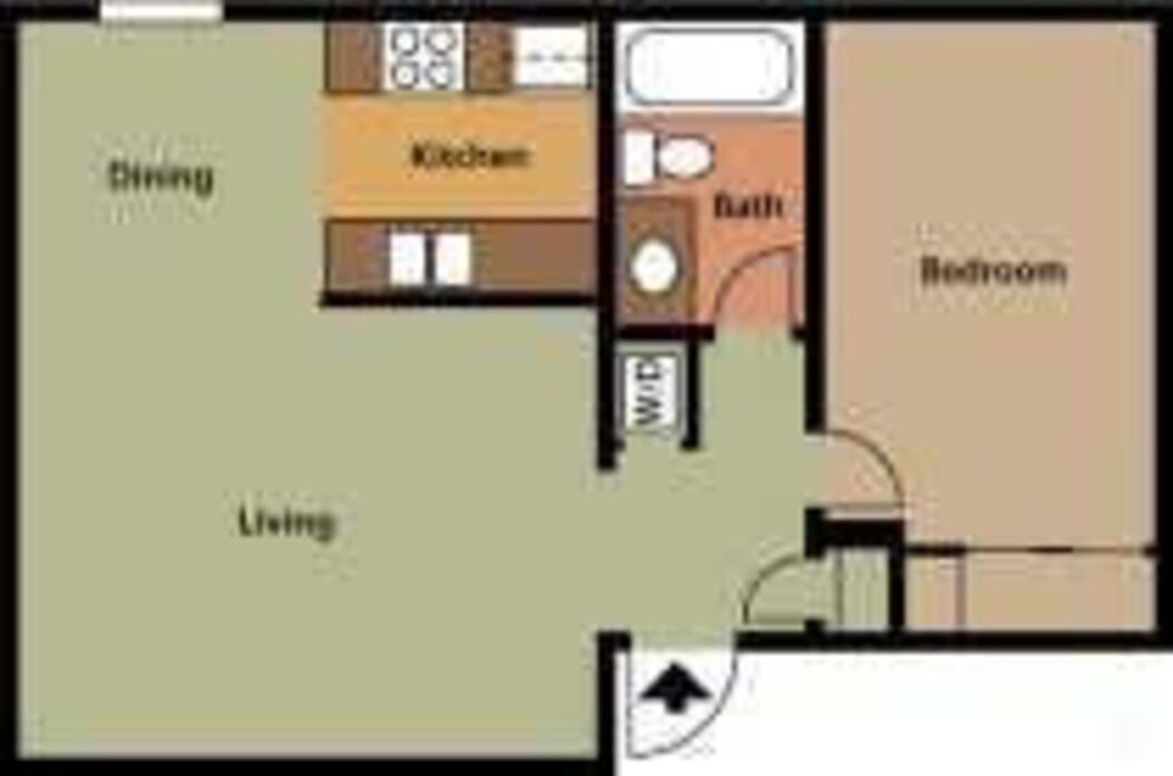 Floor plan of a one-bedroom apartment. Kitchen, bath, and bedroom off a central living/dining area.