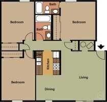 Floor plan of an apartment with three bedrooms, two bathrooms, kitchen, dining, and living areas.