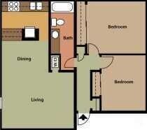 Floor plan of an apartment. Contains kitchen, living, dining, two bedrooms, and a bathroom.