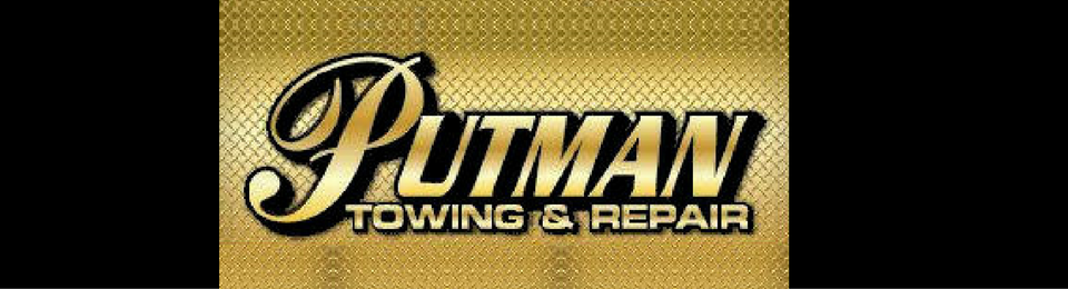 Putman Towing & Repair logo in gold on a gold textured background, with a black border.
