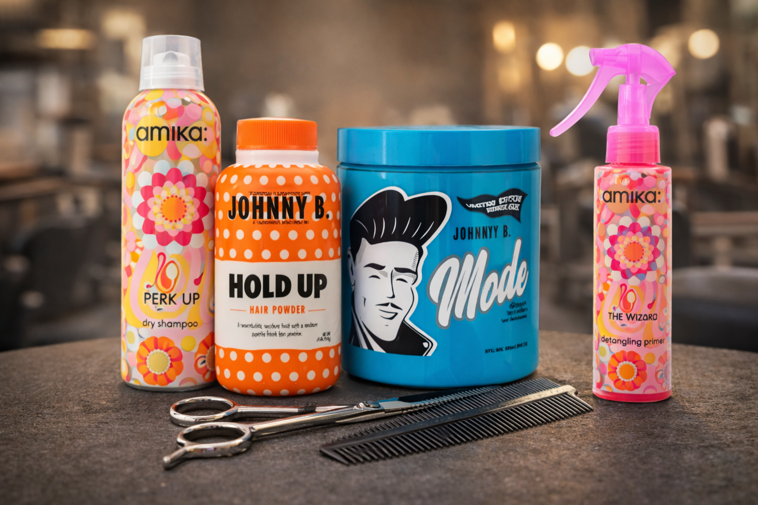 Hair products: dry shampoo, hairspray, hair styling products, and barber tools.