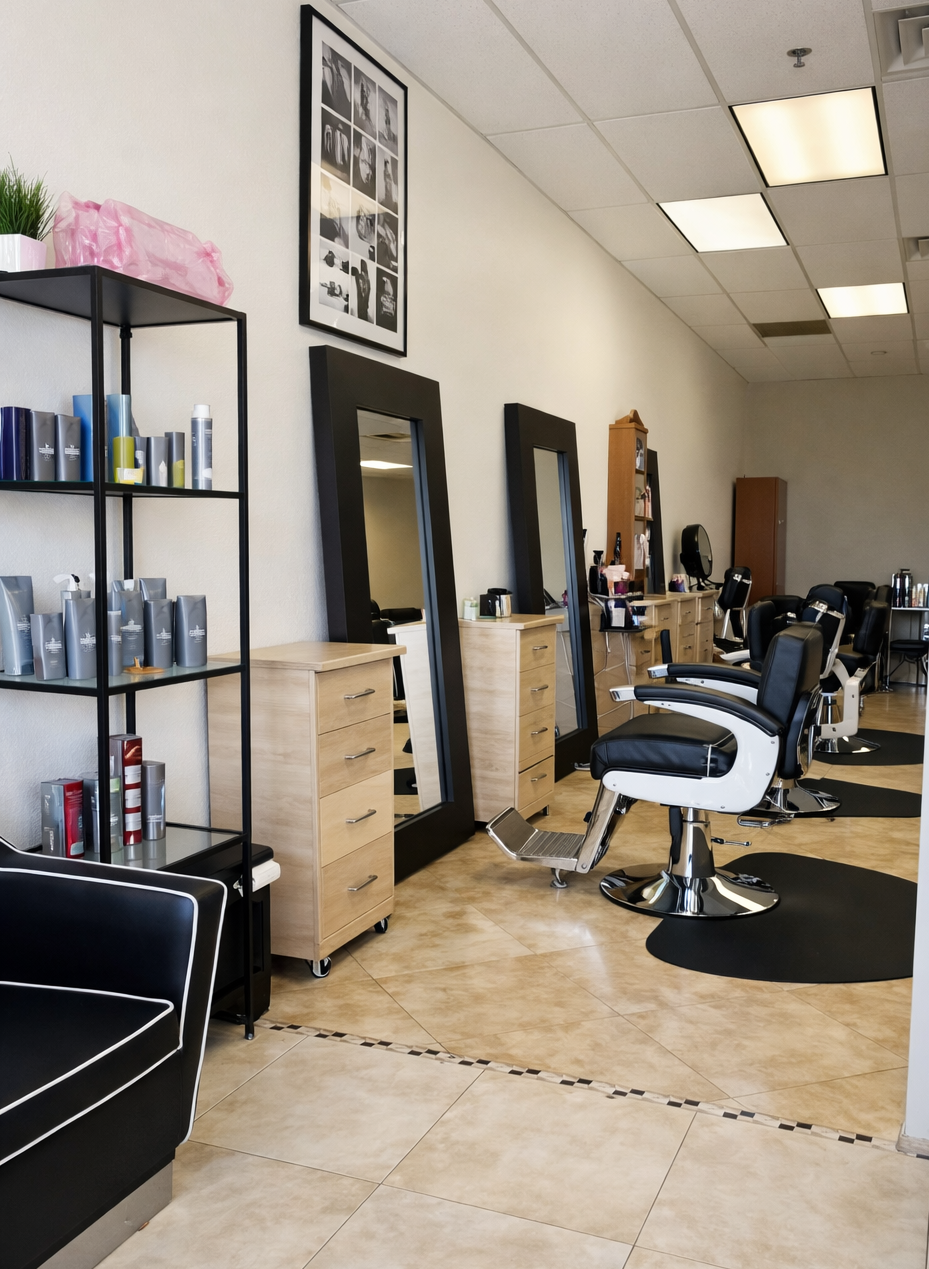 Interior of a hair salon with mirrors, chairs, and product shelves.