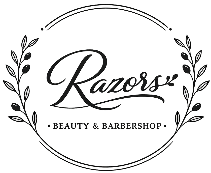 Razors Beauty & Barbershop logo in an oval frame with laurel leaves.