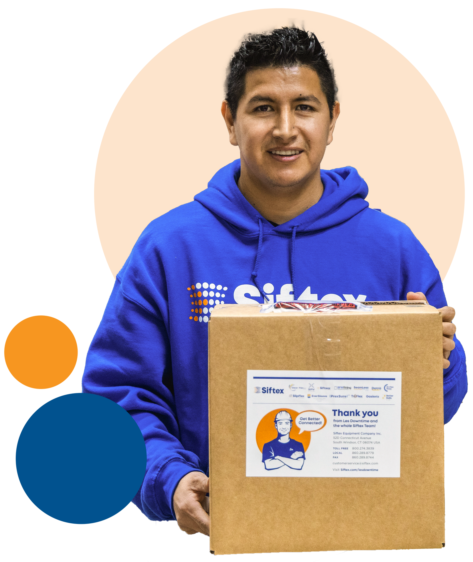 a man wearing a blue Siftex hoodie holds a cardboard box