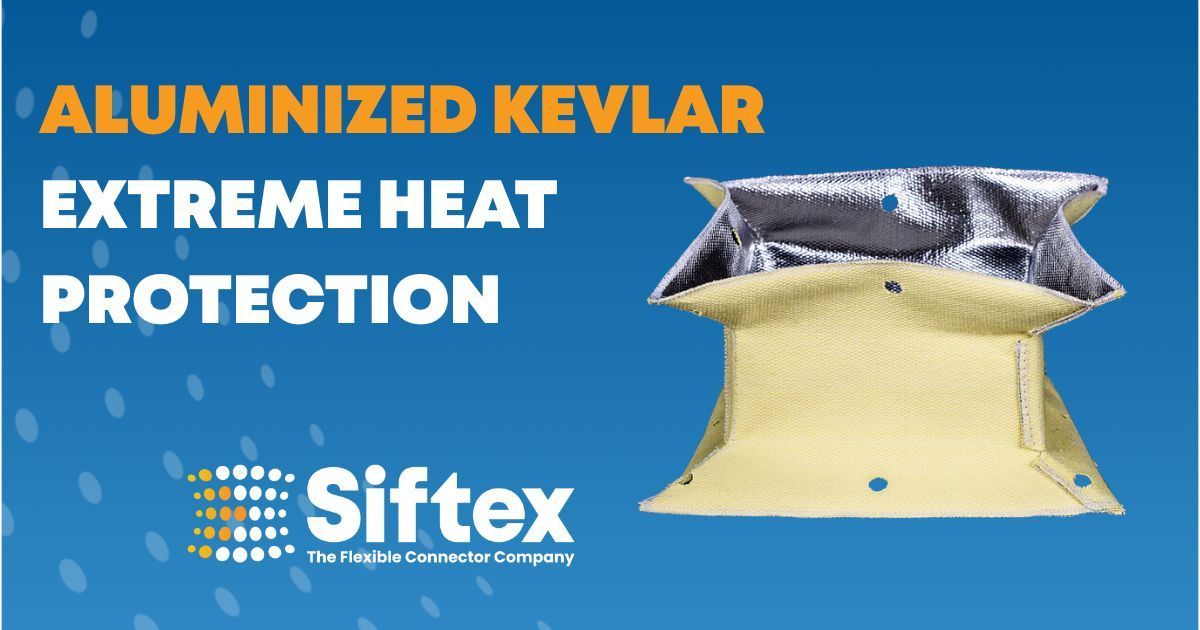 Aluminized Kevlar used for extreme heat protection by Siftex. Blue background, silver top, and yellow lower half.