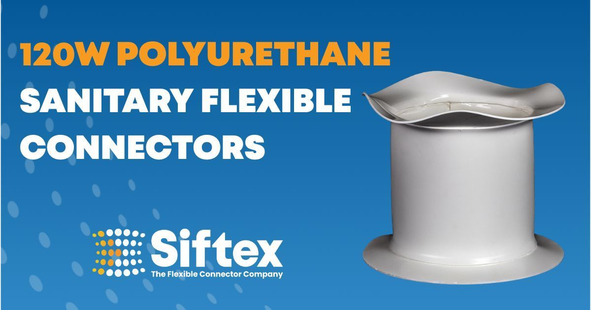 White sanitary flexible connector made of polyurethane; Siftex logo on blue background.