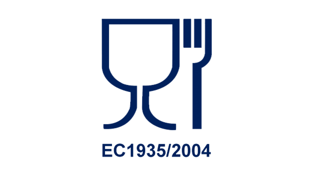 A blue logo with a cup and fork on it.