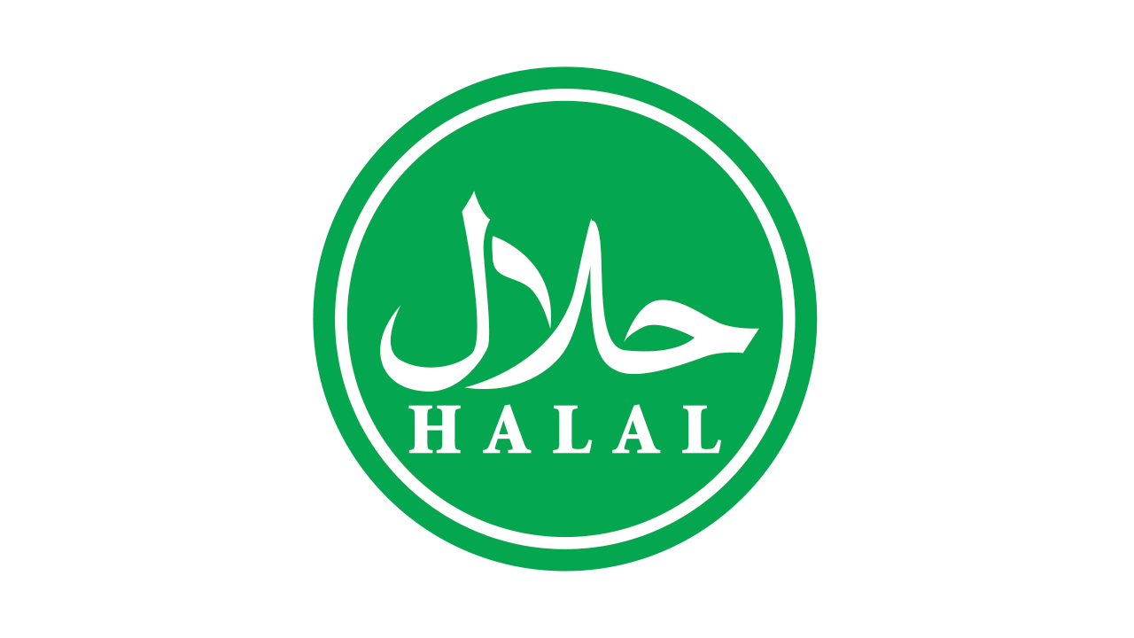 The halal logo is a green circle with arabic writing on it.