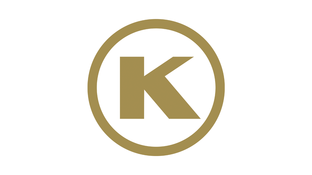 The letter k is in a circle on a white background.