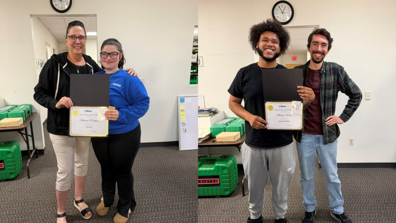 Siftex team members celebrating cross-training achievements in South Windsor, CT