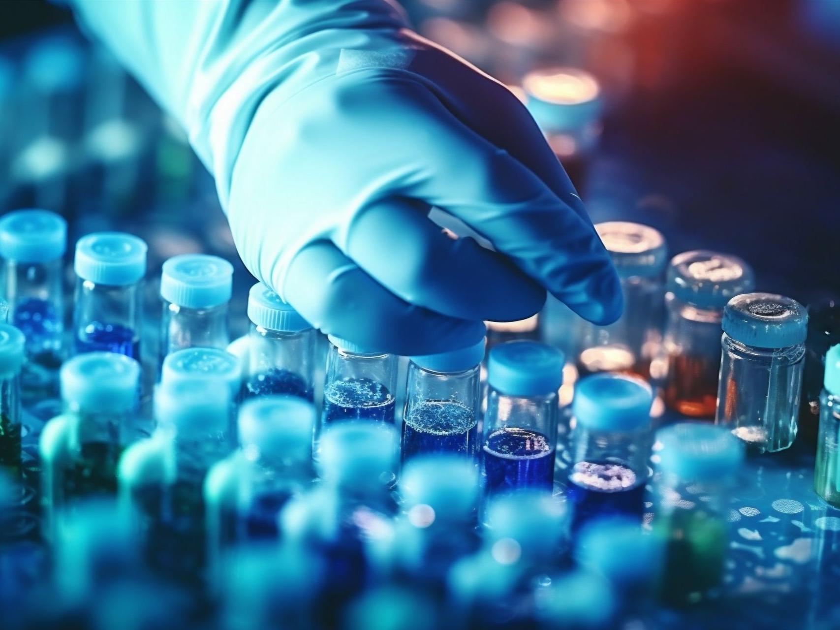 Gloved hand holding a test tube among blue-lit laboratory vials