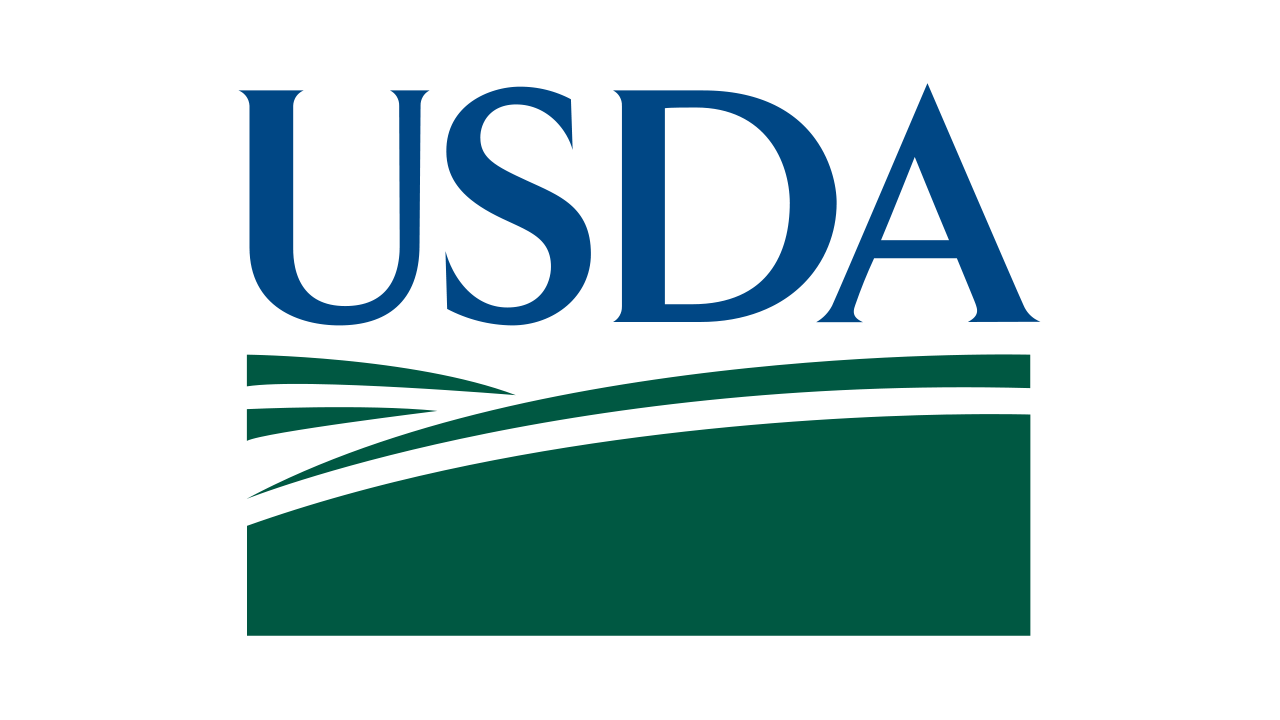 The usda logo is a green and blue logo with a field in the background.