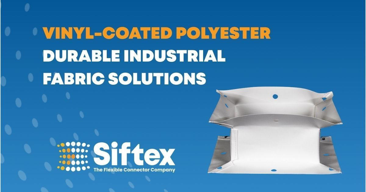 Blue banner: Vinyl-coated polyester industrial fabric solution with a white fabric structure. Siftex logo.