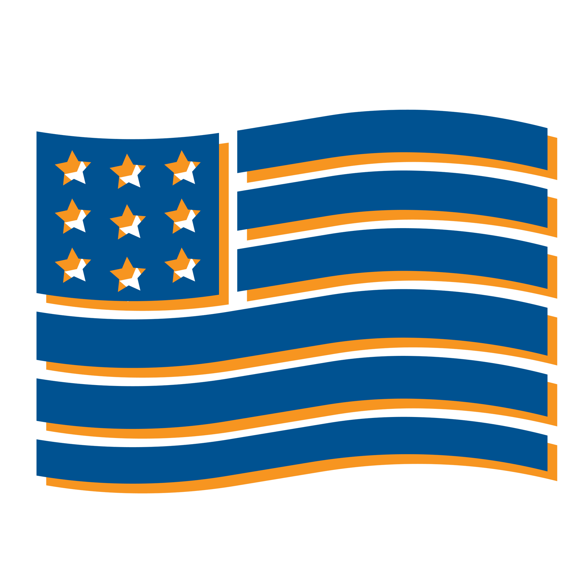 A blue and orange american flag with stars on it is waving in the wind.