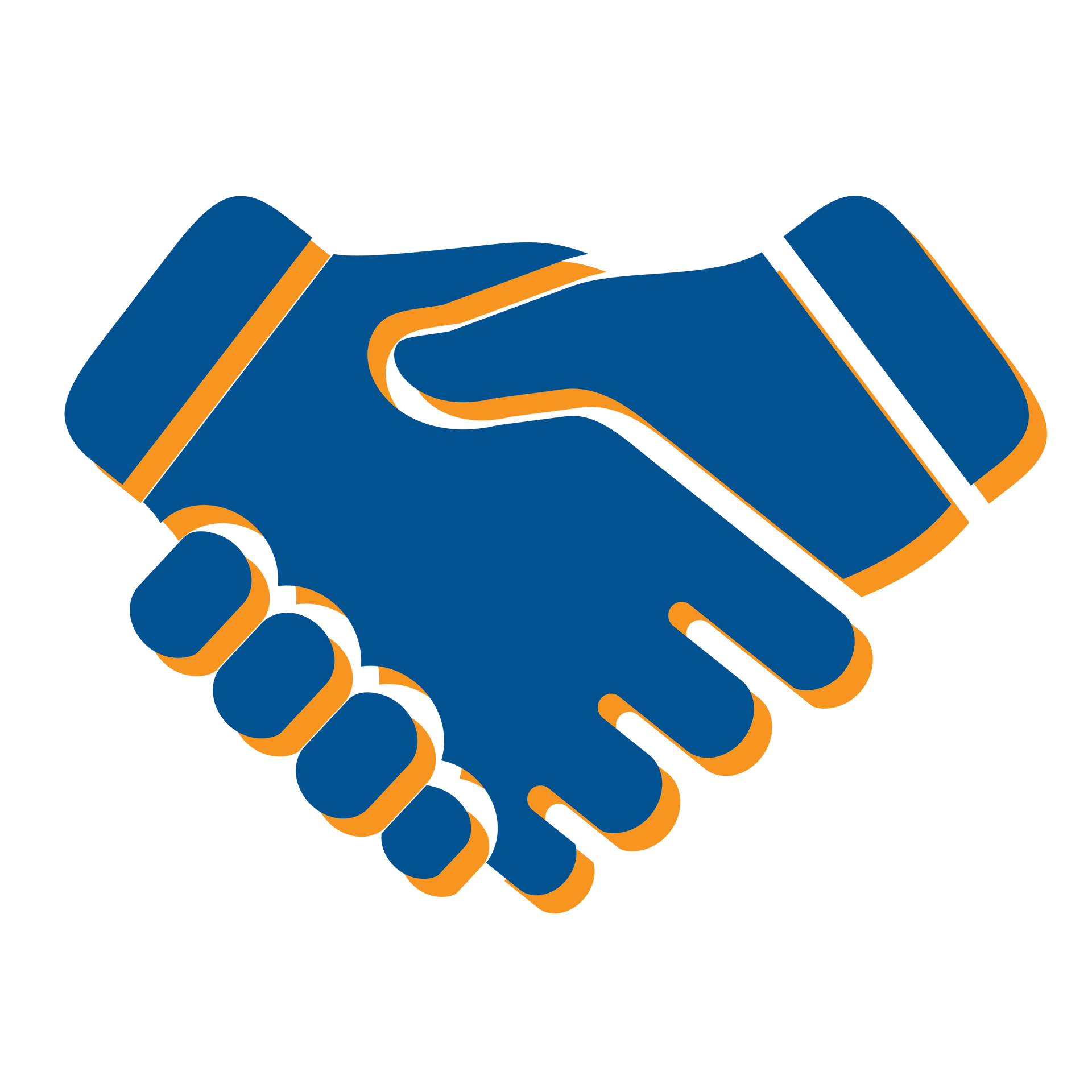 A blue and orange handshake icon on a white background.