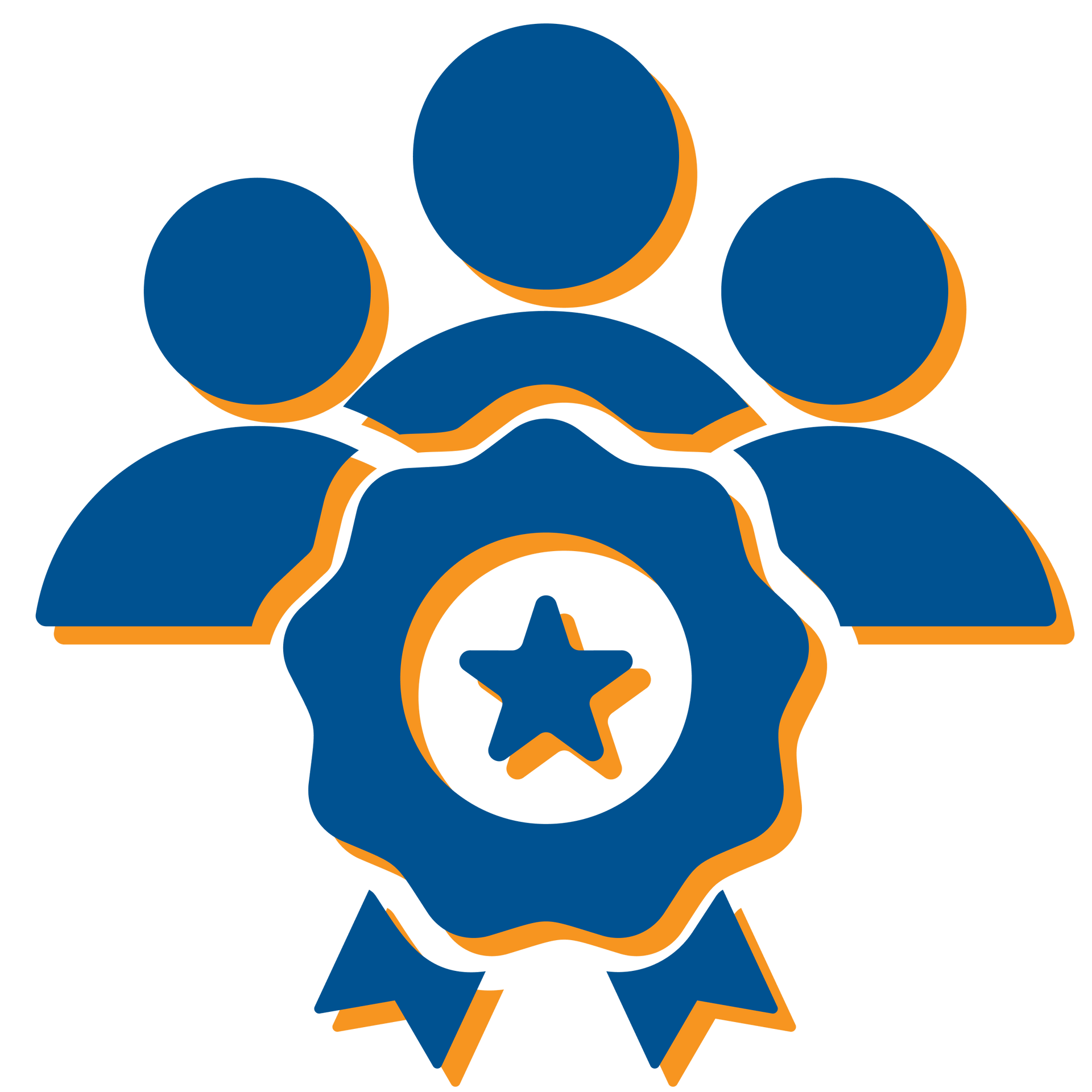 A blue and orange ribbon with a star in the center surrounded by people
