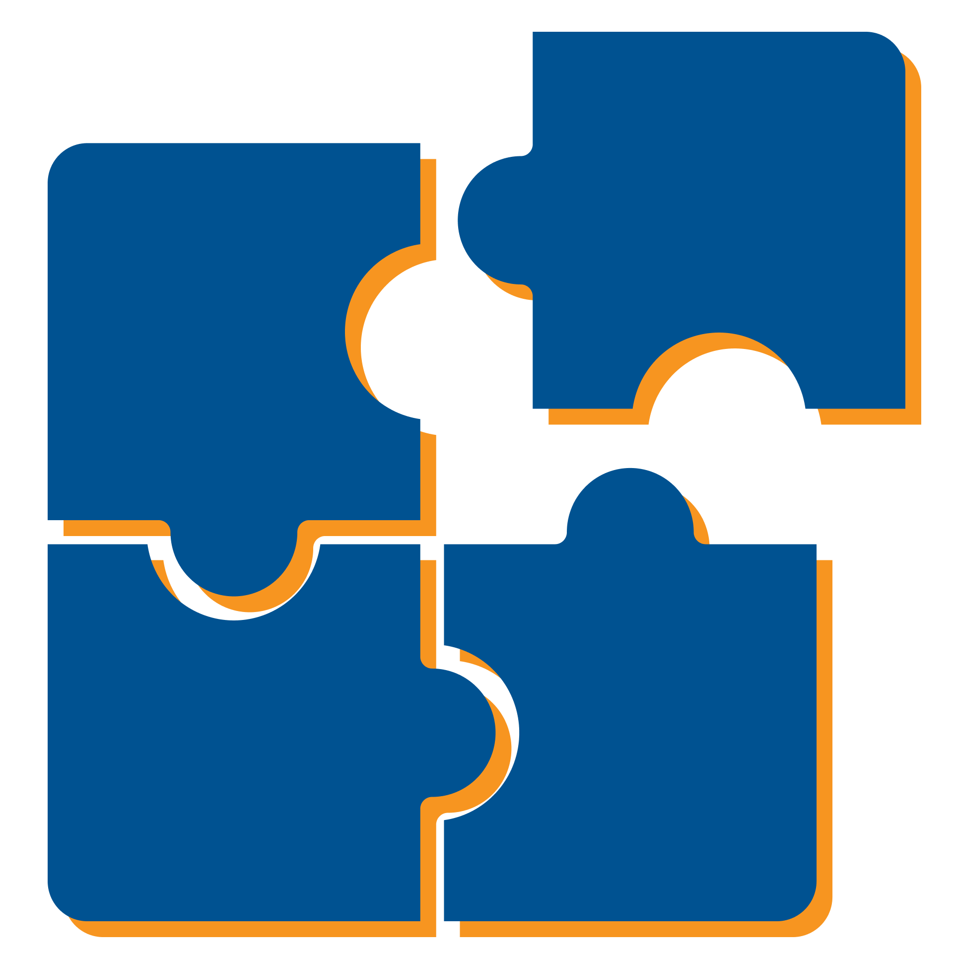 Four blue puzzle pieces with orange outlines, arranged in a partially connected square.
