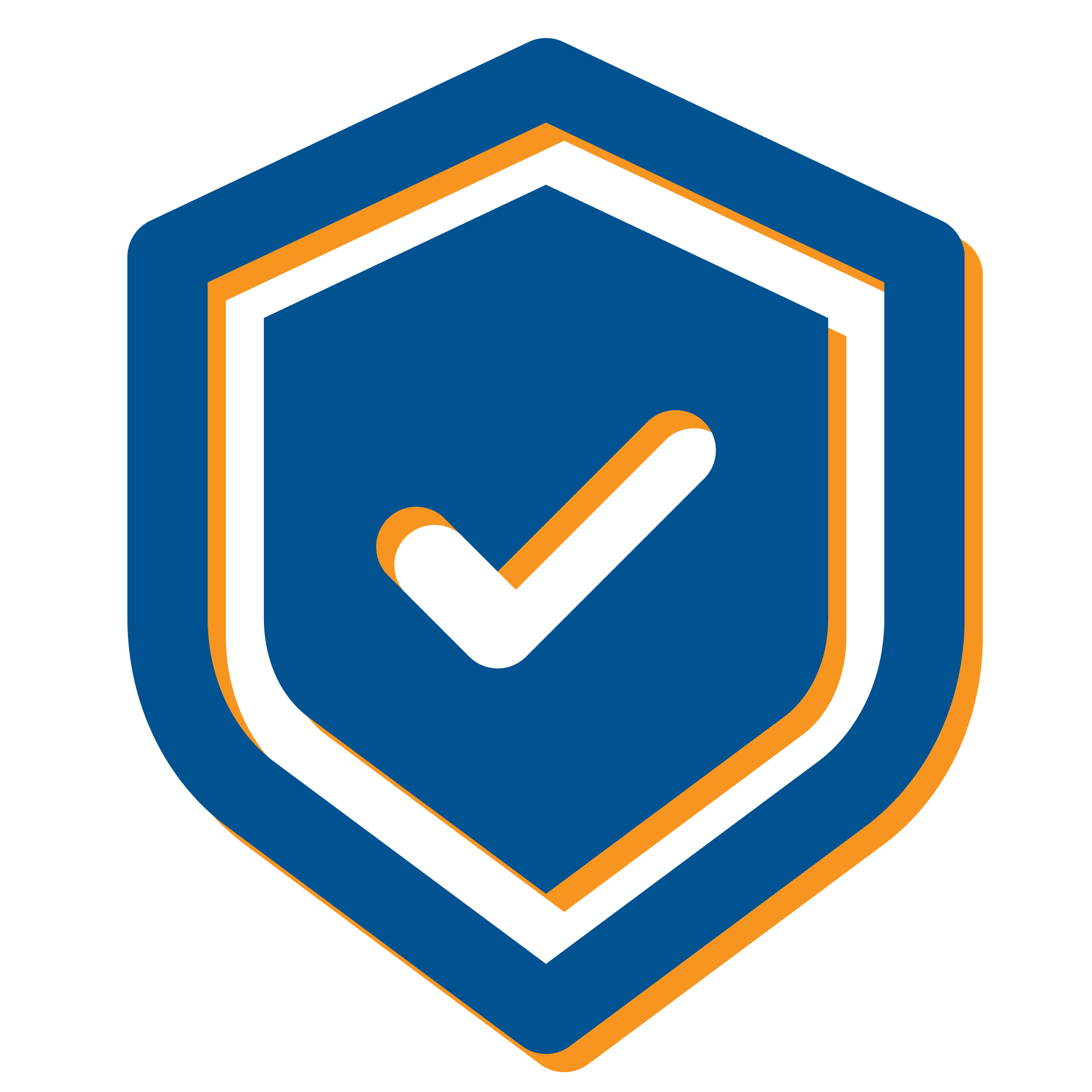 Blue shield with white checkmark, orange outline.