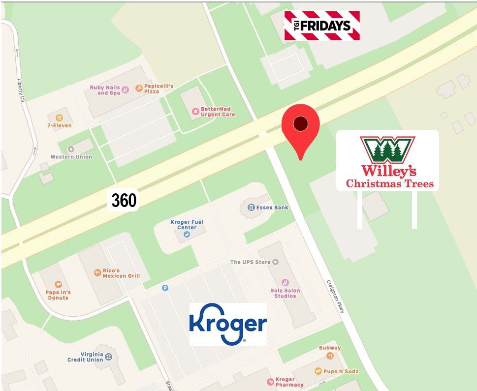 A map showing the location of willey 's christmas trees